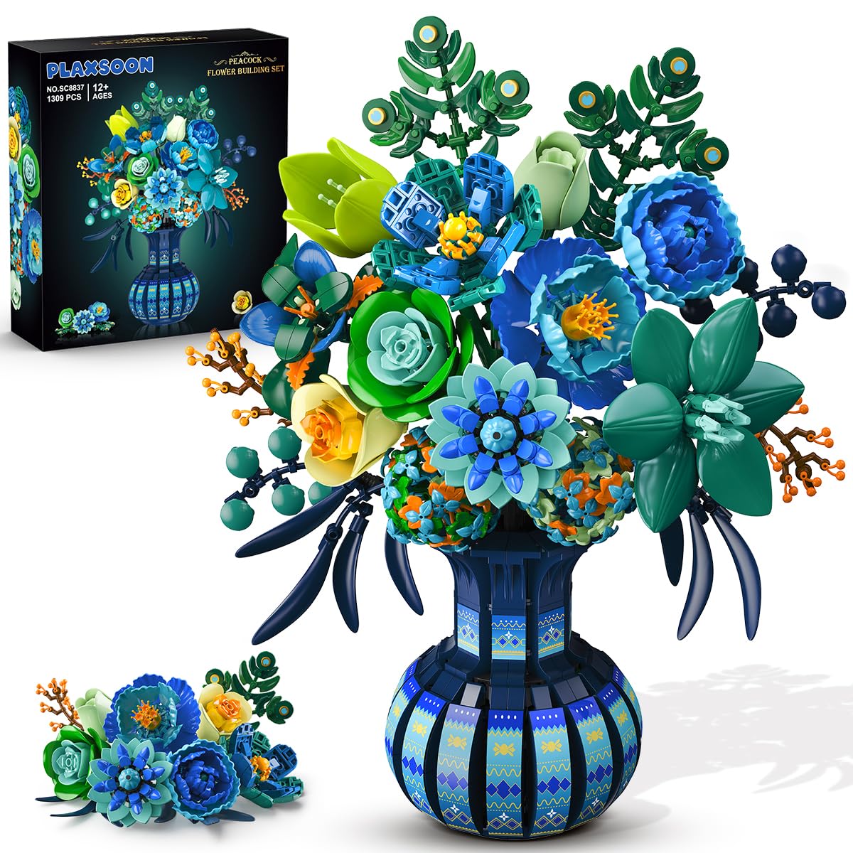 Plaxsoon Set Fiori con Vaso per Adulto, Bouquet Botanico in Mattoncini