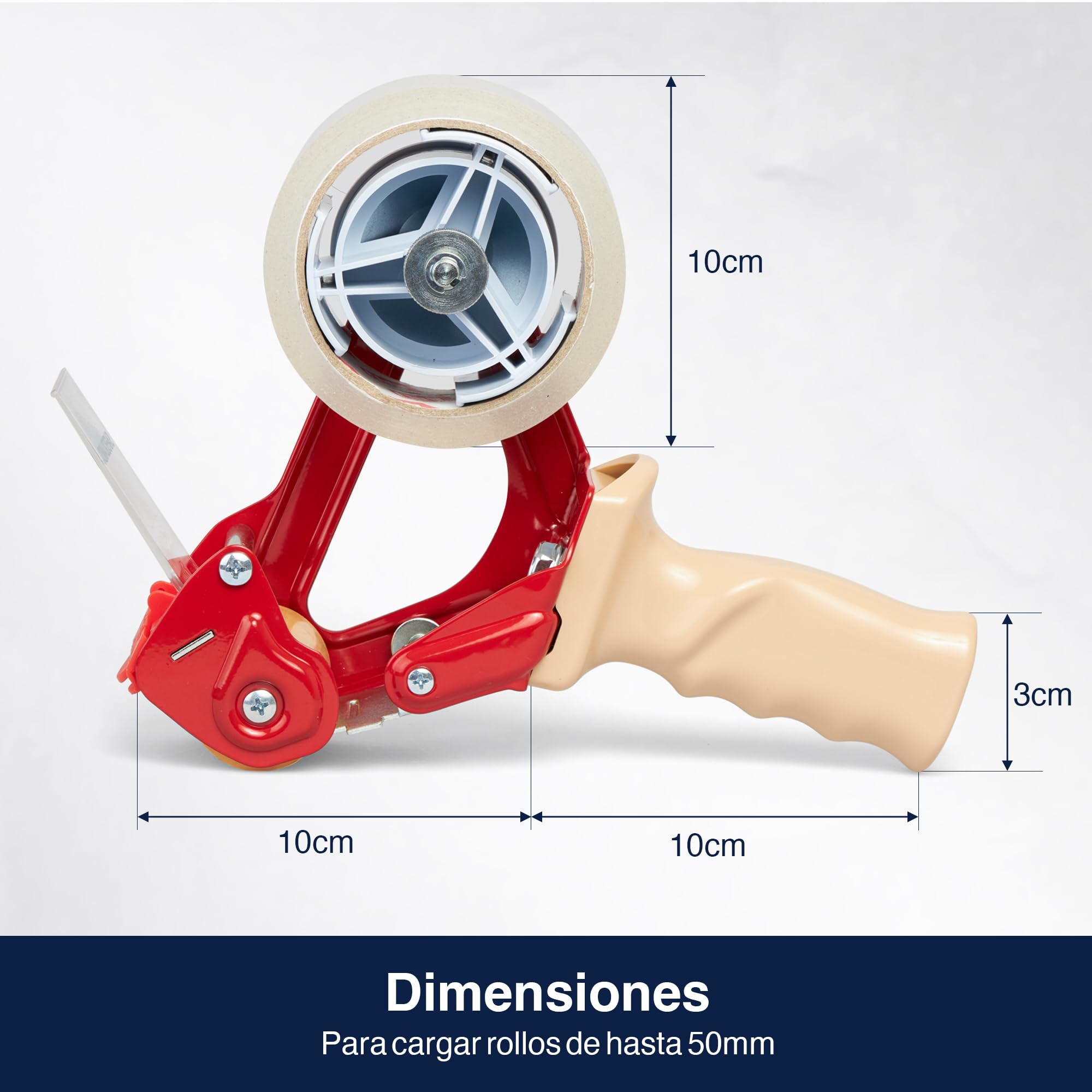 Precifilm Dispensador de Cinta Adhesiva - Precintadora Manual para Cinta de Embalaje - Celo Transparente de Embalar - Cinta Adhesiva Transparente y Color - Cintas de 50 mm de Anchura, Metal, Roja