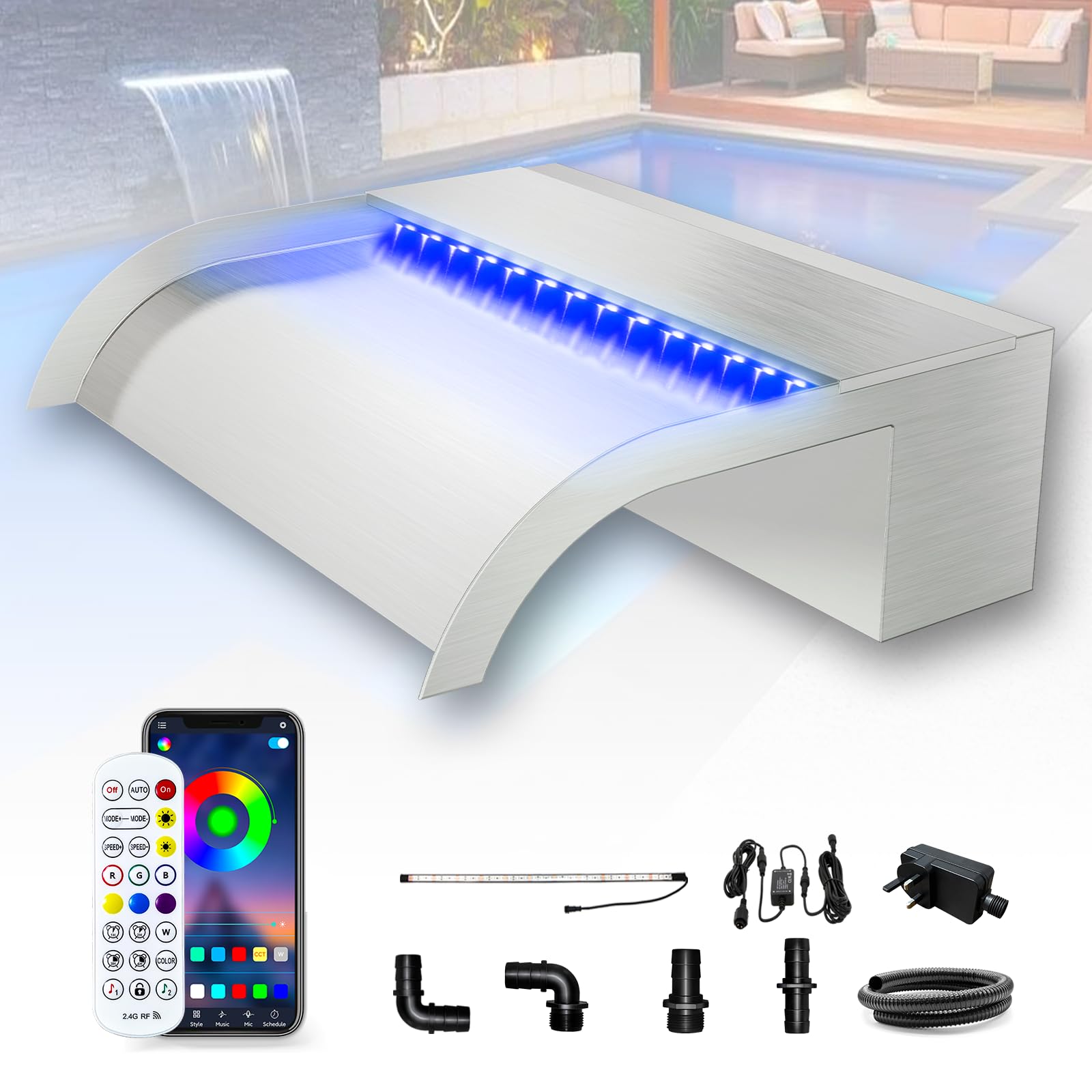 Longrun 30cm Teich Wasserfall Klingen Set, 304 Edelstahl Gebogener Wasserfall mit 7 Bluetooth Farben LED und Fernbedienung, Breite 25.5cm