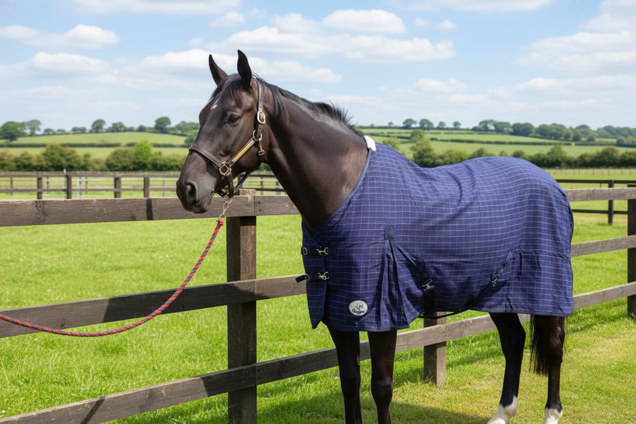 Ruggles Cotton Summer Sheet For Horse and Pony - Perfect for Travel, Stable and Shows in Warmer Weather or Useful Under Layer (Navy Check, 5' 9")