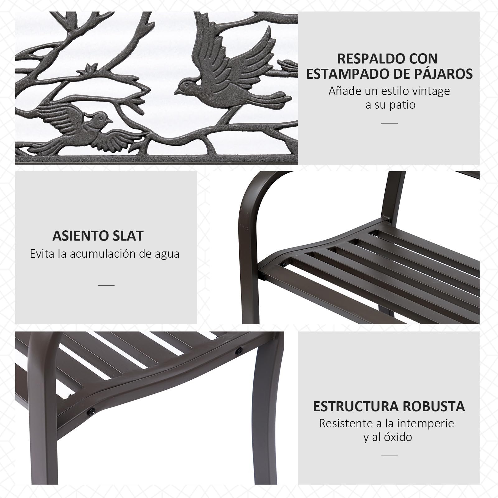 Outsunny Banco de Jardín de Acero Banco de Exterior con Apoyabrazos y Respaldo con Imagen de Animales Carga 240 kg para Patio Terraza 127x60x85 cm Marrón