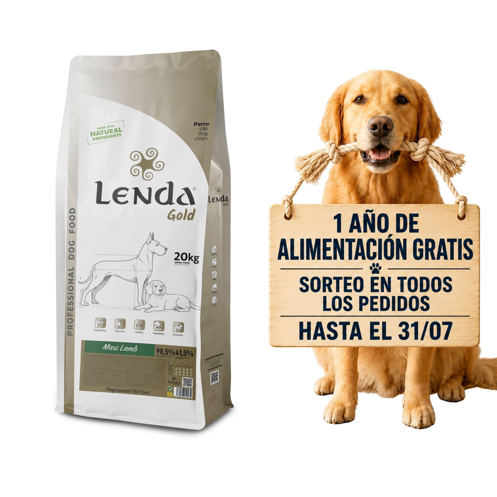 Lenda Gold Lamb Adult Maxi 20 kg - Pienso Natural para Perros Grandes hipoalergenico - Hecho en España - Sin Gluten - con Cordero