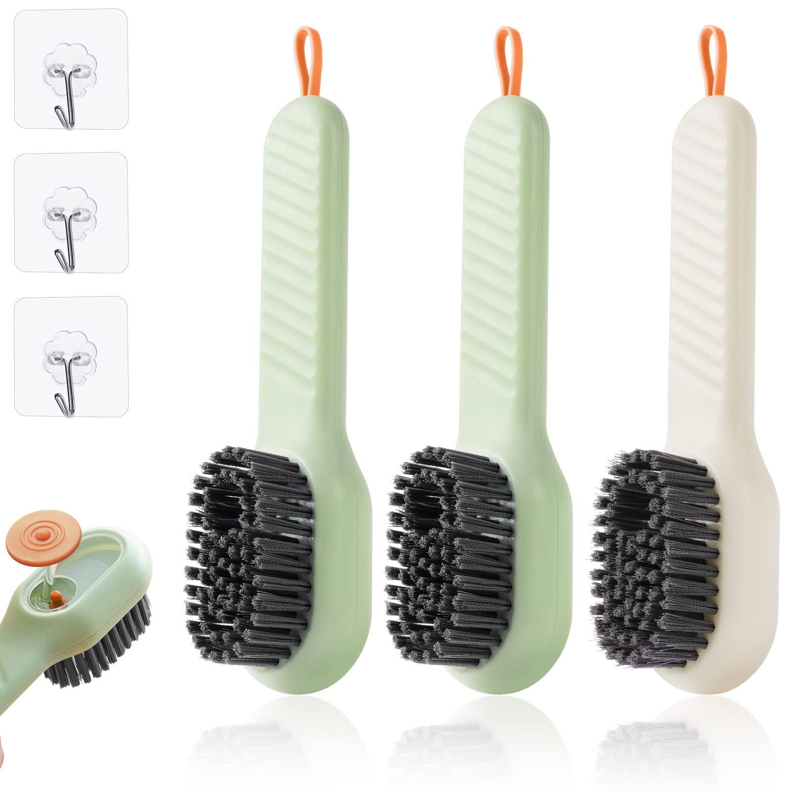 Flintronic 3 Pcs Shoe Brushes with Soap Dispenser, Automatic Liquid Adding, Multifunctional Household Cleaning Tool Washing Brushes for Clothes Shoes Easy Scrubbing Of Large Areas（Contain 3 Hooks）