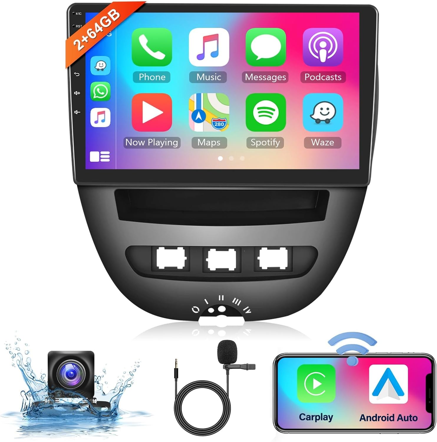 2+64G 10″ Wireless Carplay Android Auto Android autoradio voor Toyota Aygo/Peugeot 107/Citroen C1 2004-2014 met touchscreen met Bluetooth HiFi/RDS/FM-radio + Navi/AHD achteruitrijcamera/CANBUS