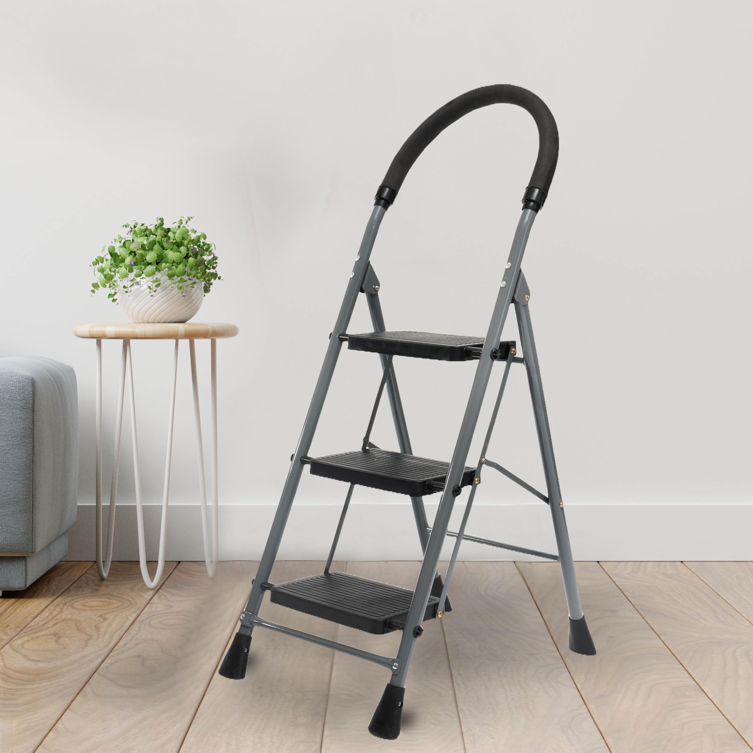 ZOLMIX Premium Steel Ladder, Stairs for Home, Foldable 3 Step Ladder, Sidi, Safety Clutch Lock, Anti Slip Steps, Knee Guard, Firm Grip, Anti Skid, Durable, Heavy Duty, Lader 5 Years Warranty - Grey-image-9