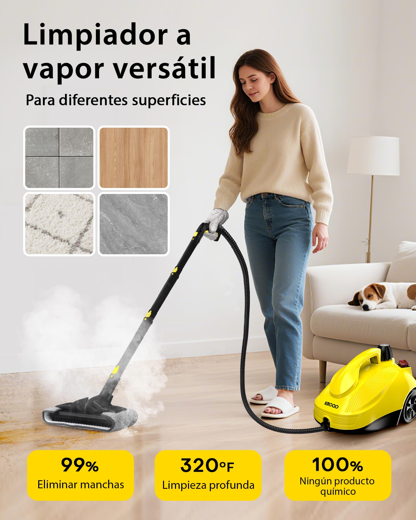 Limpiador a vapor multifuncional KROQO Limpiador a vapor portátil y multifuncional con 23 accesorios. Adecuado para limpiar papel tapiz, pisos, sofás, asientos y baños. Capacidad de 1.5 litros.