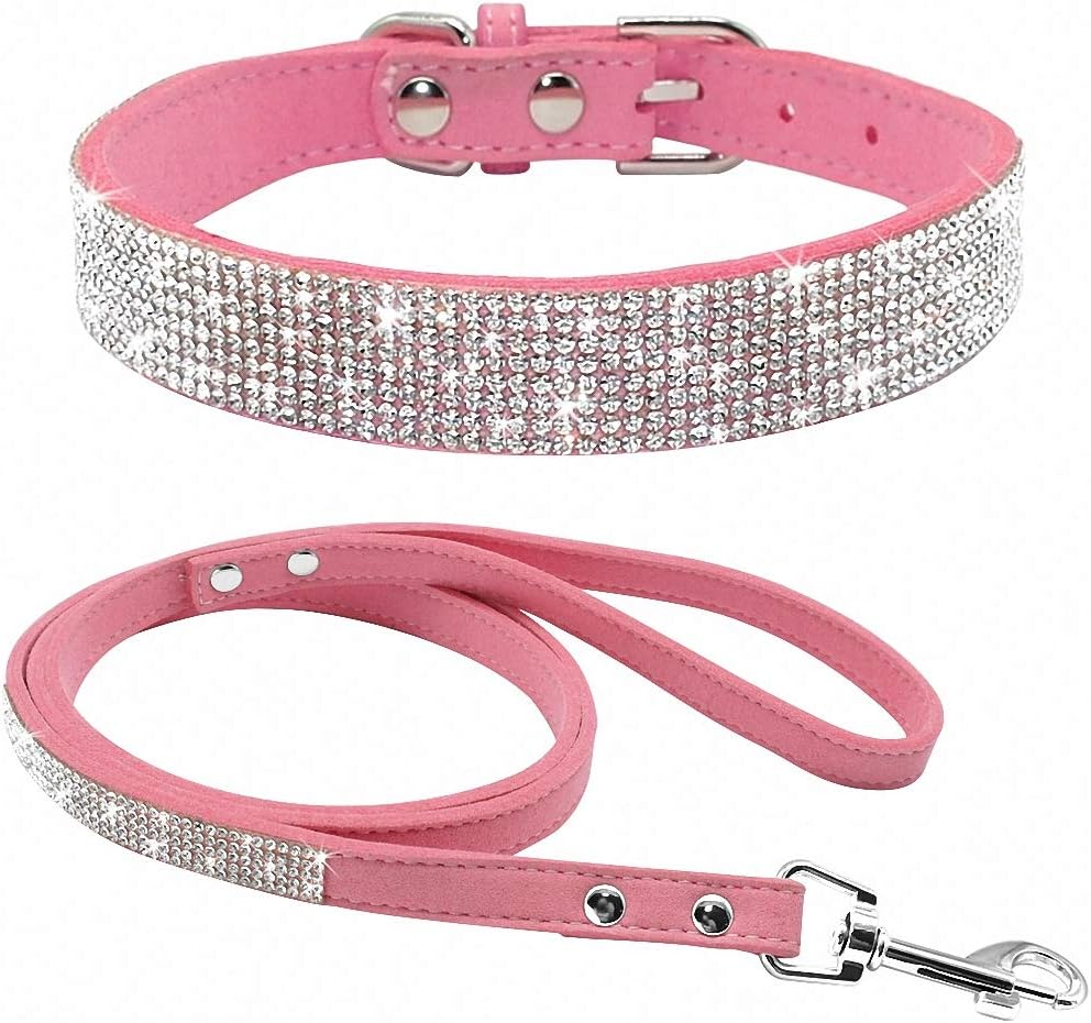 Adjustable Suede Leather Puppy Dog Collar Leash Set Soft Rhinestone Small Medium Dogs Cats Collars Walking Leashes Pink XS S M Blue S