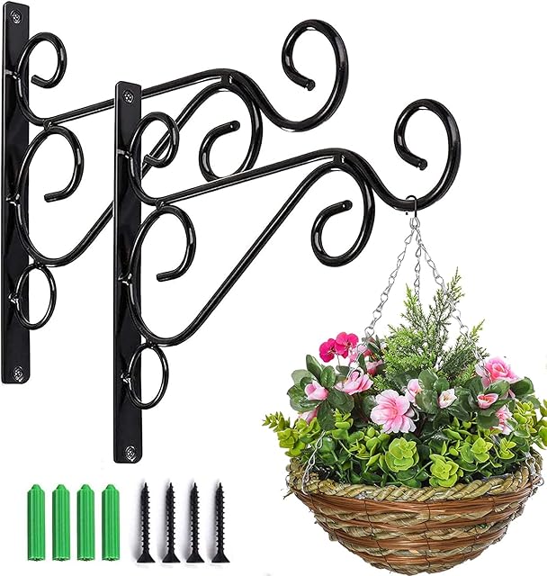 KSS 2Pcs Iron Plant Hanger Wall Hooks,Hanging Basket Brackets Wrought Iron Bracket for Lantern Planter Flower Hanger Fence (Black)