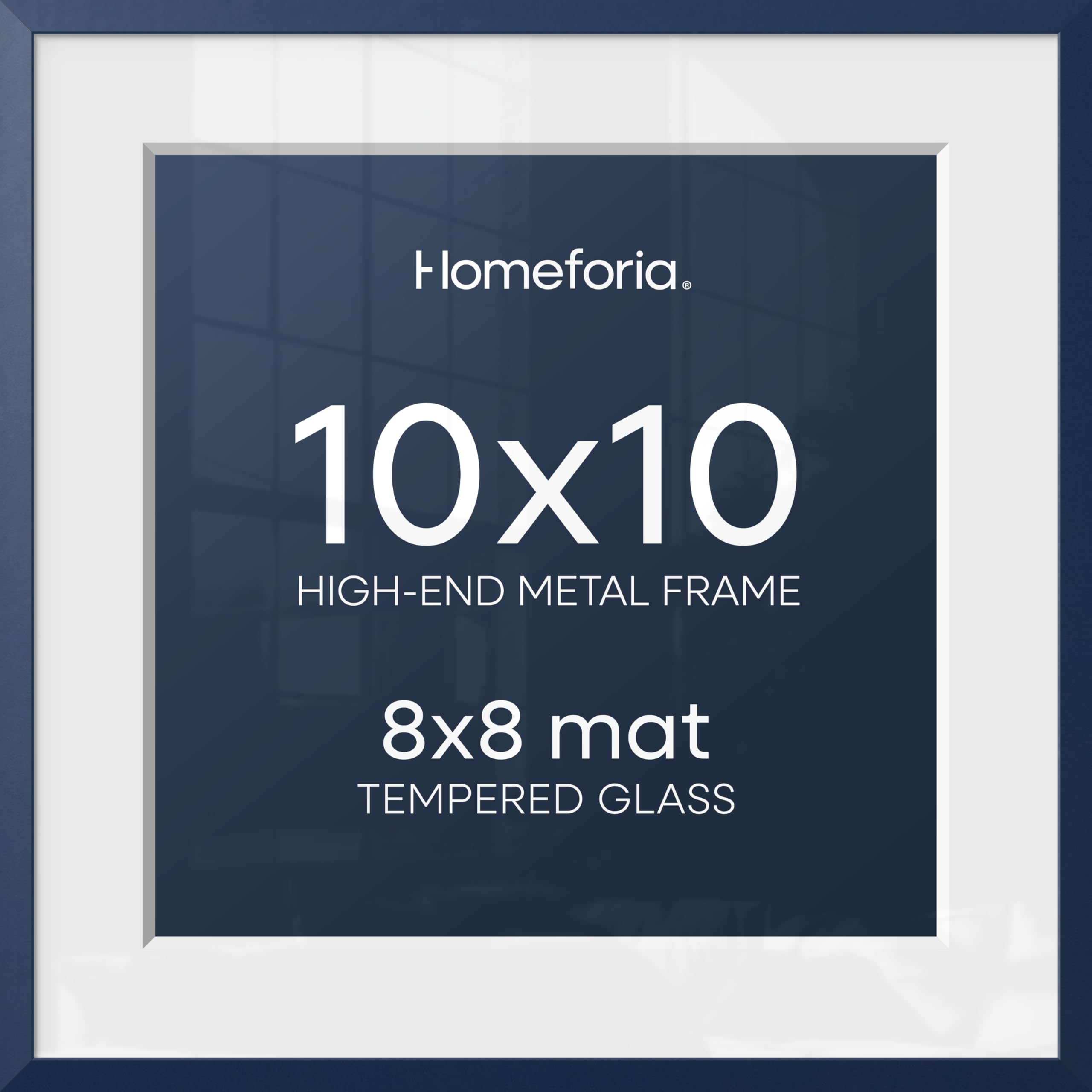 Homeforia 10x10 Blue Picture Frame, High-End Metal, 8x8 Mat, Glass | High End Aluminum, Tempered Glass, Acid-Free 8x8 Removable Mat, 10x10 in Edge-to-Edge Display 10x10, Wall Kit, Set Of 1
