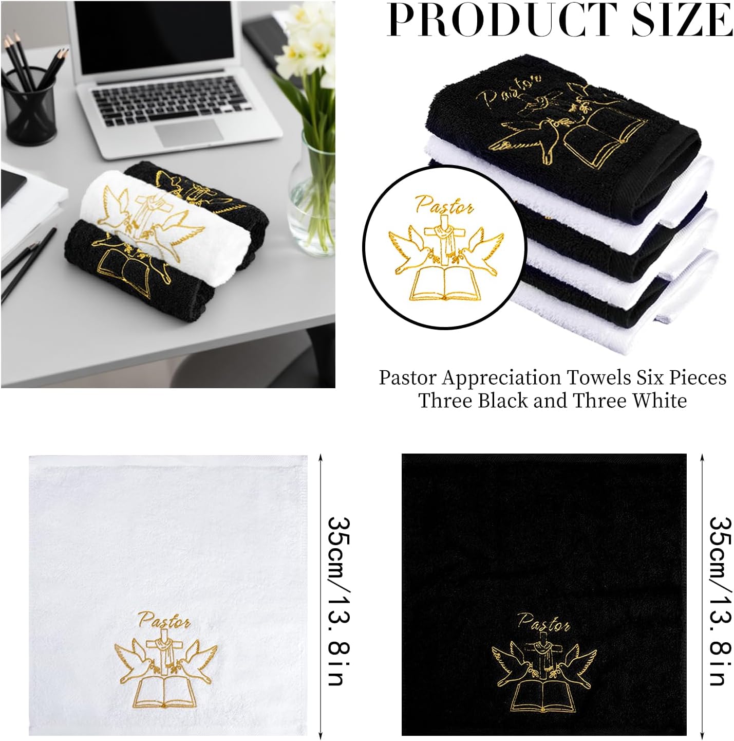 6 Pcs 13.8 Inch Pastor Hand Towels with Cross and Dove Christian Cotton Embroidered Clergy Towels for Retirement Birthday Pastor Father's Gifts (Black White)