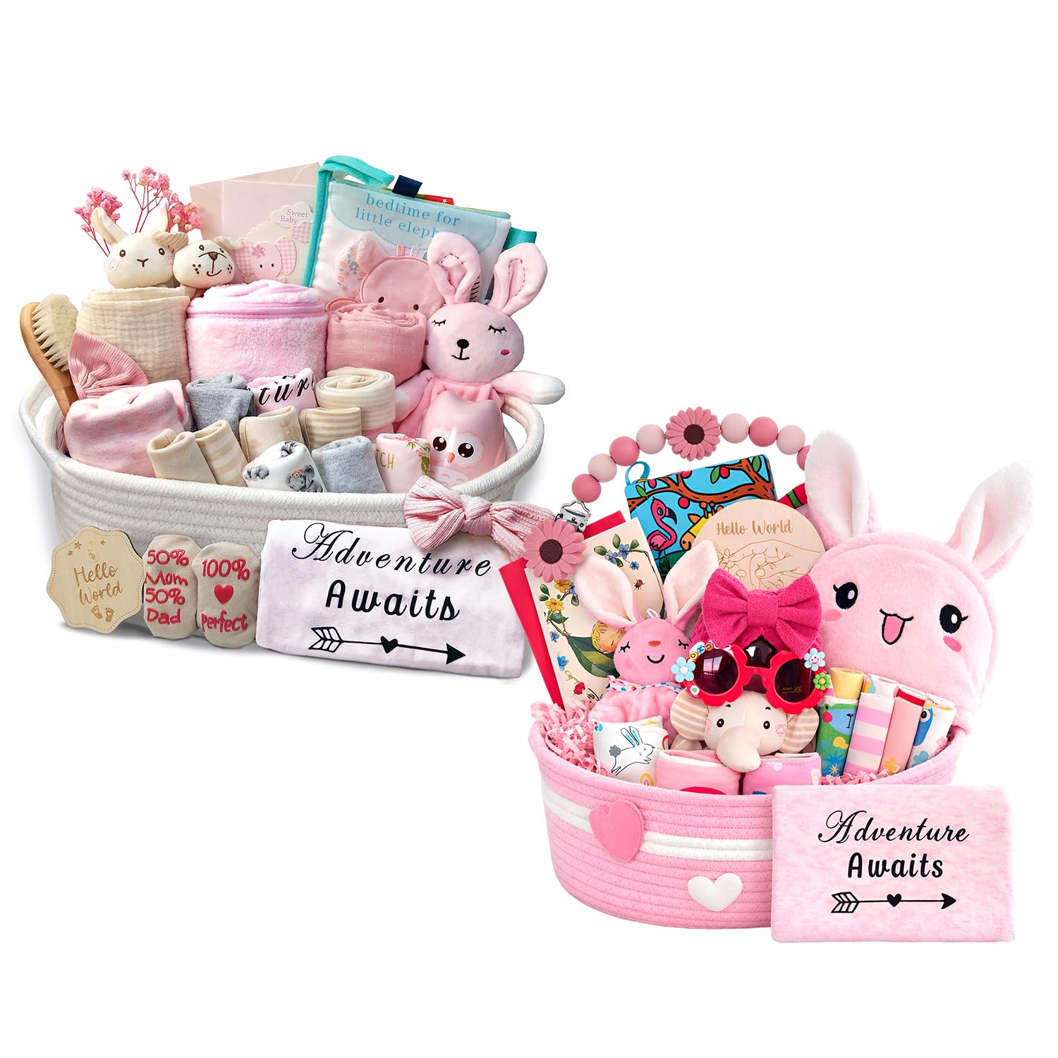 Baby Girl Shower Gift Basket Set - Newborn Essentials, Large Pink Gift Basket with Rattle, Swaddle, Diaper Caddy Organizer
