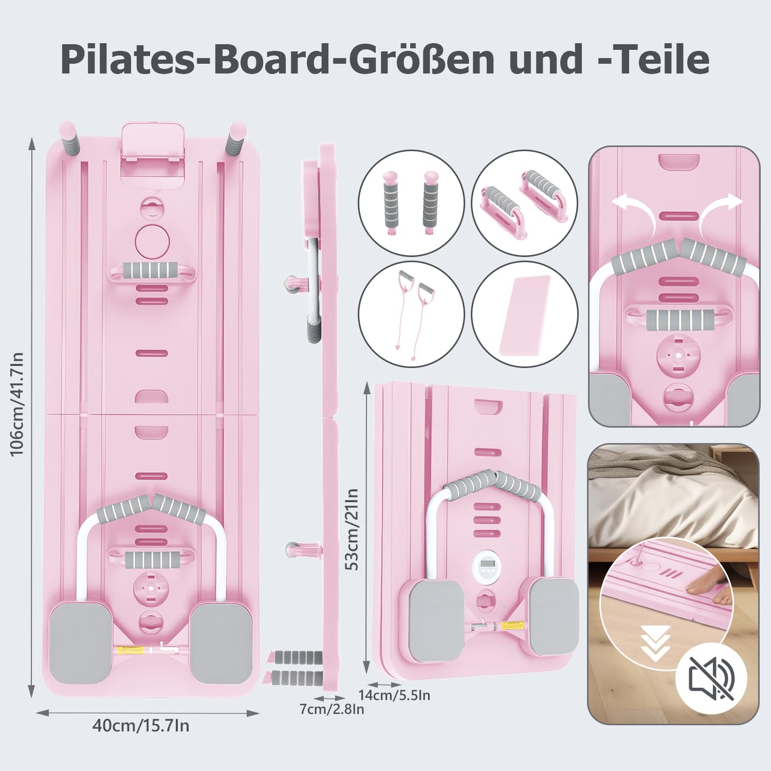 Pilates Board Set für zuhause - Faltbarer Reformer Pilates Maschine, Mini Pilates Reformer Board, Reformer für Pilates Premium - inkl. Timer, Widerstandsbänder, Griffe(New Version)