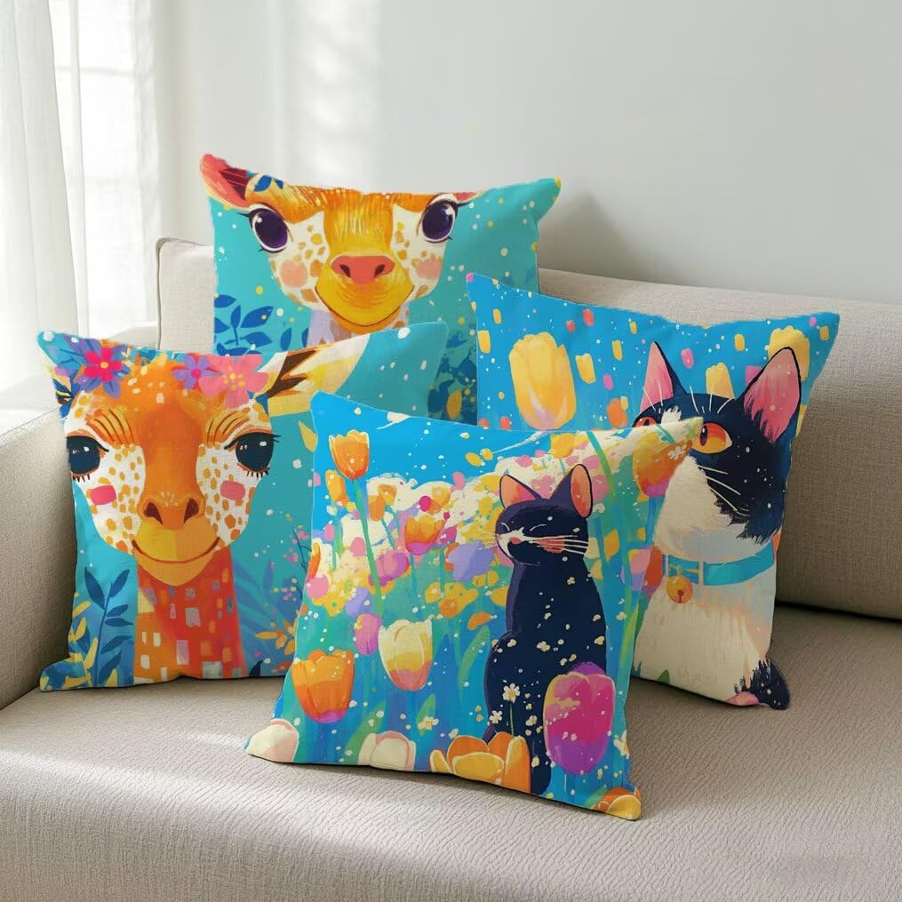 Fundas de Cojines Exterior Impermeable de Lino Fundas de Almohada Sofa Jirafa, Juego de 4 Cuadrados Funda Cojin Gato Decorativas para Jardín, Patio, Oficina, Terraza y Sala de Estar, 50x50 cm Ym624