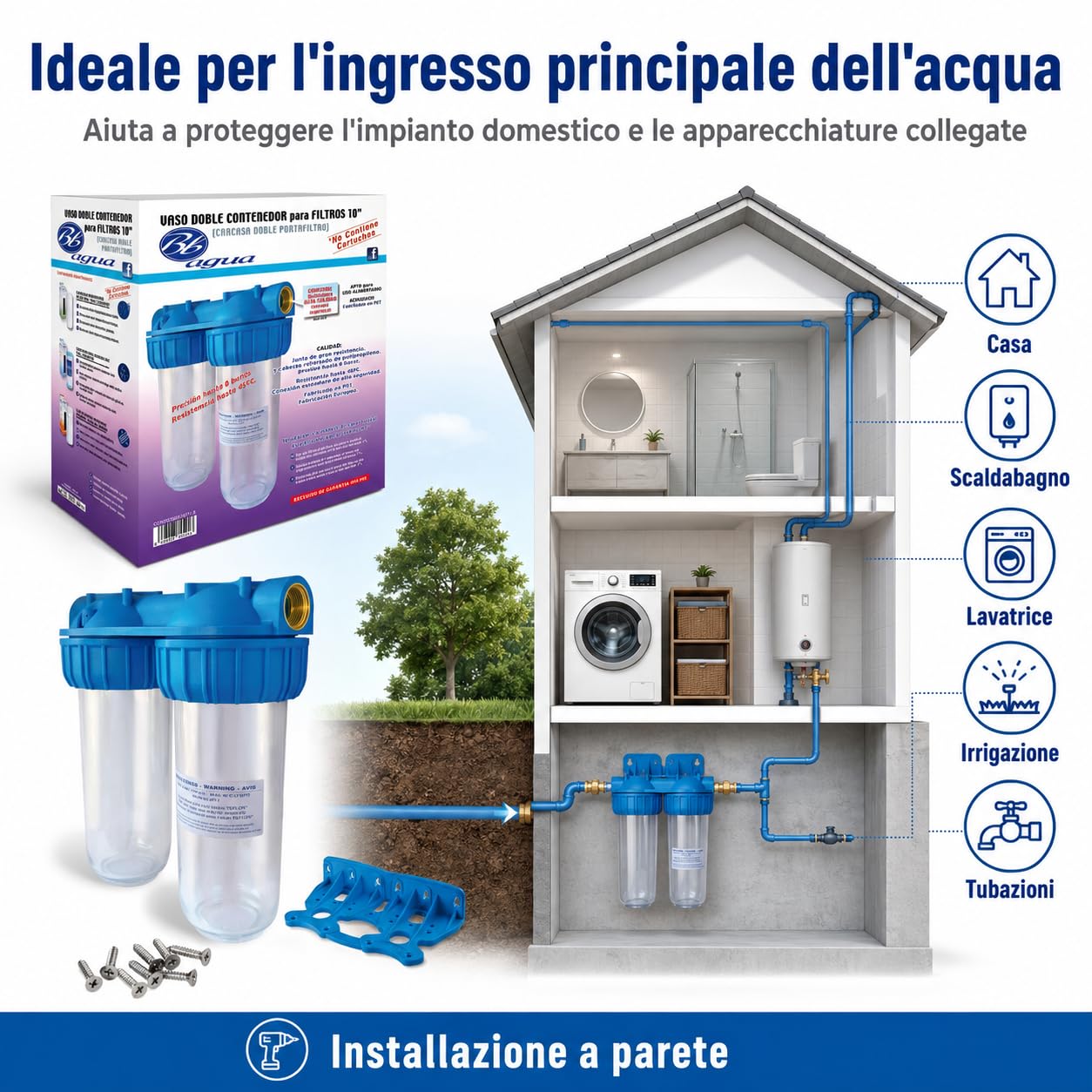 Sistema filtro acqua doppio 10" per casa e impianto domestico, portafiltro universale per sedimenti, cloro, sabbia e impurità, compatibile cartucce standard 10 pollici, installazione facile a parete