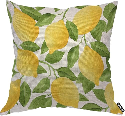 AOYEGO Funda de almohada de limón, árbol frutal, rama saludable, hoja de dibujos animados, naturaleza, madura, vitamina amarilla, 18 x 18 pulgadas,