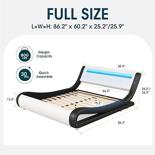 Miniatura 16 de WEEWAY Base de cama moderna tamaño Queen con cabecera de luces LED RGBW, diseño de trineo tapizado de perfil bajo, soporte de listones de madera