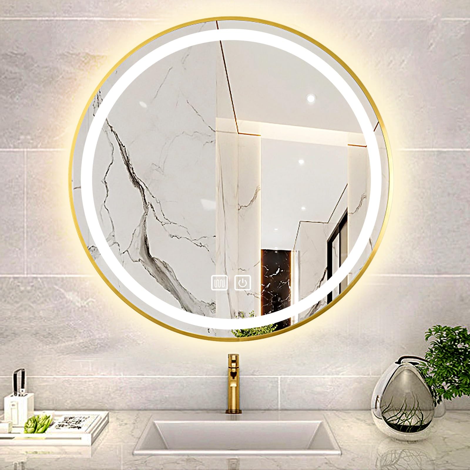 WQZzjm LED Bathroom Mirror, Round 50cm, AntiFog, Dimmable d WallMounted Vanity Mirror with Touch Switch and Adjustable Cord for Luxurious Lighting Experience (60L x 60l cm)