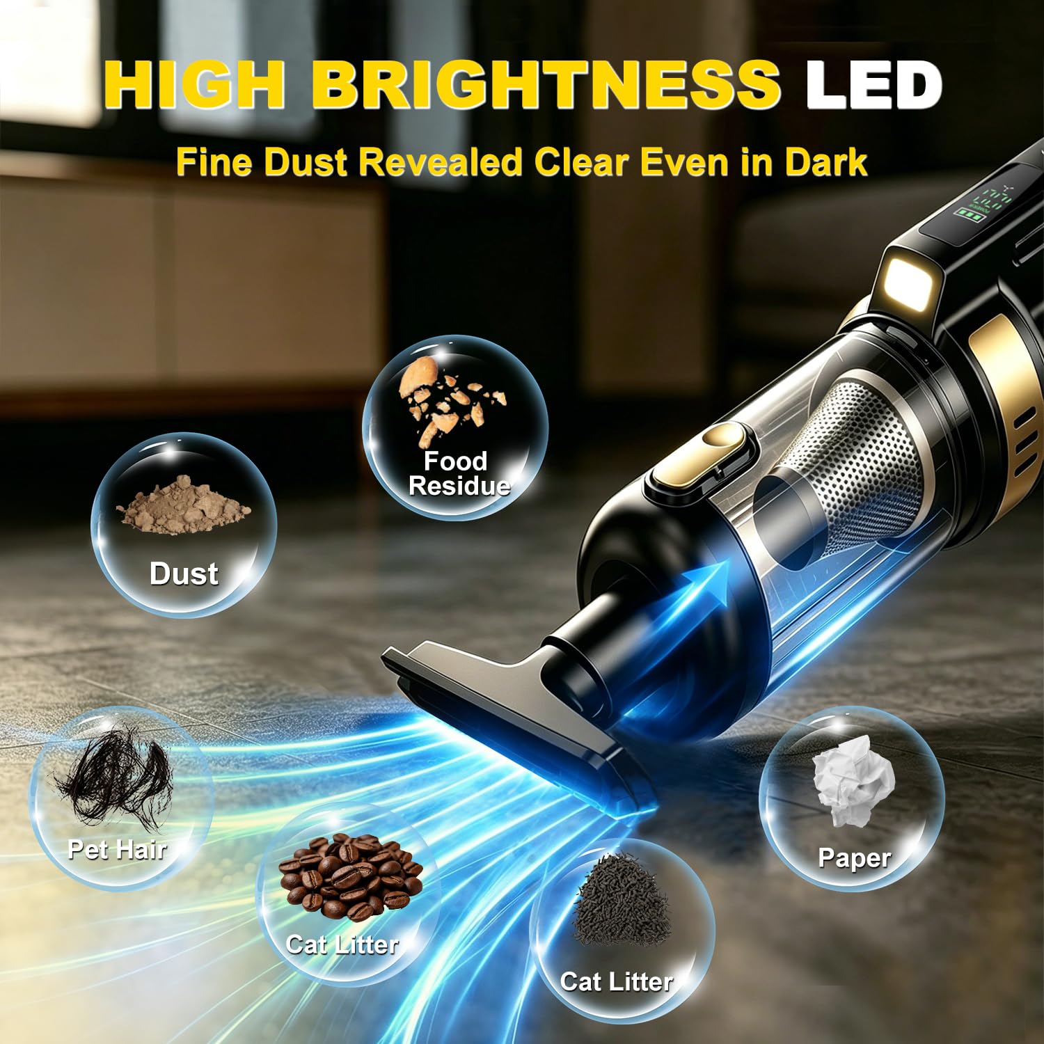 Aspirapolvere per Auto, Aslhuioo 6000mAh Aspirabriciole Senza Fili Potente Mini Aspirapolver Auto con Motore Brushless, 3 Velocità 22000PA Aspirapolvere Portatile per Casa, Ufficio, Auto, Capelli