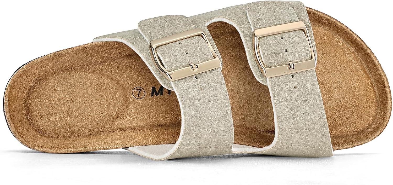 mysoft Womens Flat Sandals Cork Footbed Slides 2 Straps Adjustable Buckle Slip On Summer with +Comfort Shoes - Image 5