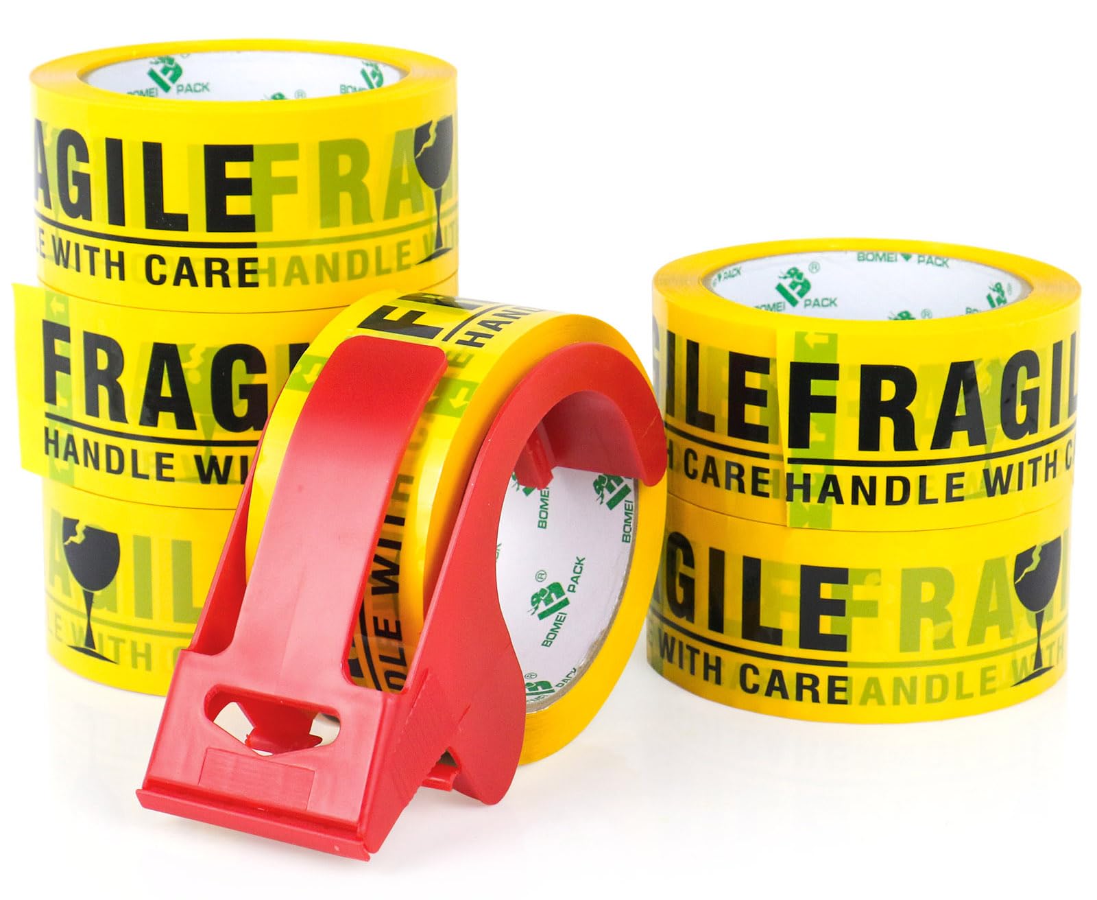 BOMEI PACK FRAGILE Jaune Ruban d’emballage sécurité 66m x 48mm–6 rouleaux avec dévidoir Adhésif fort pour colis, entrepôt, e-commerce