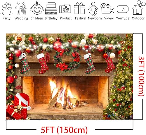 Miniatura 5 de Mocsicka Telón de fondo de chimenea de 5 x 3 pies, decoración de fiesta familiar, decoración de fotos de fotos, calcetines de Navidad, árboles,