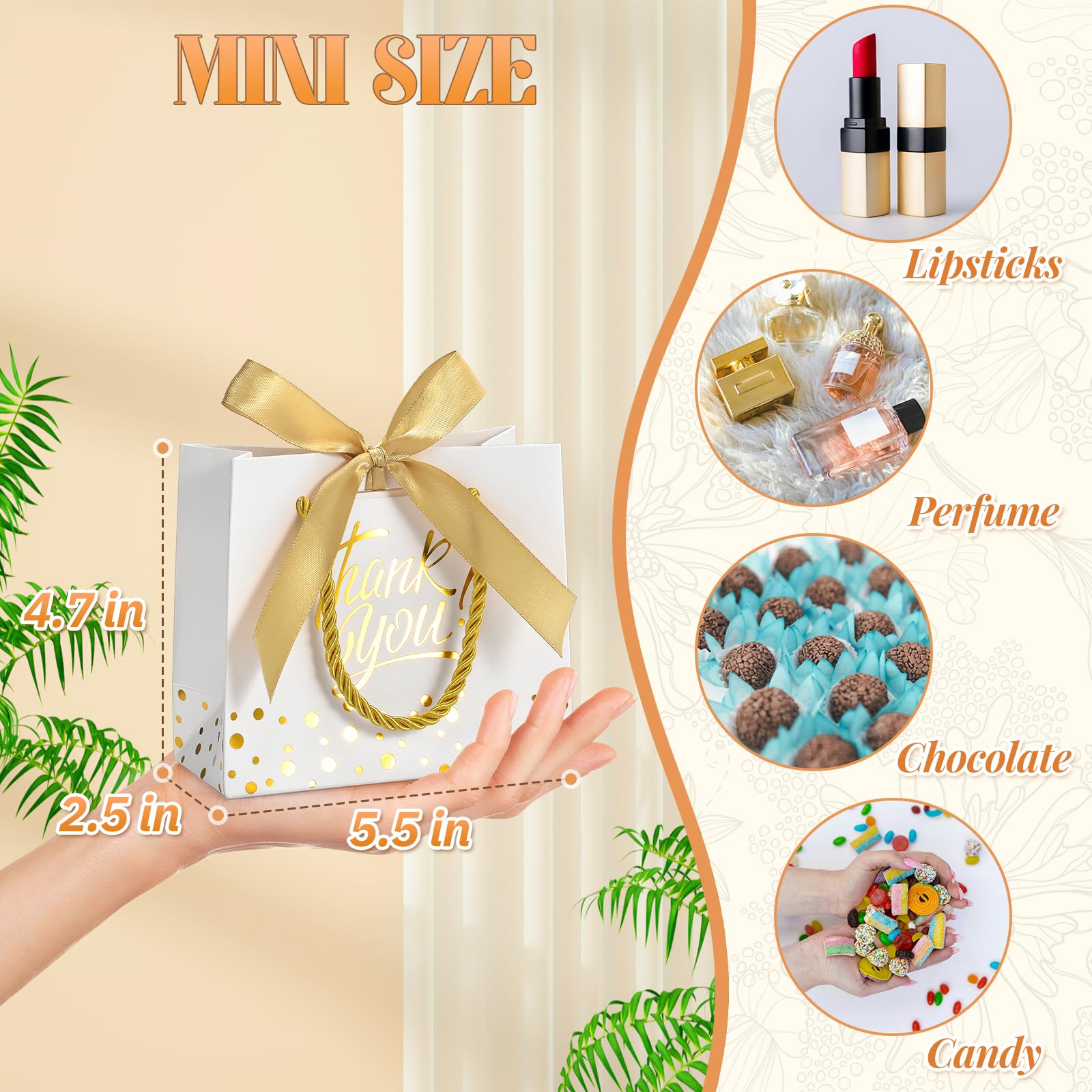 EQOREIIN Small Thank You Gift Bags 50pcs 5.5x2.5x4.7 Inches Small Gift Bags with Handles Bow Ribbon White Paper Bags for Party Favor, Mother's Day，Valentine's Day, Wedding, Baby Shower (White)