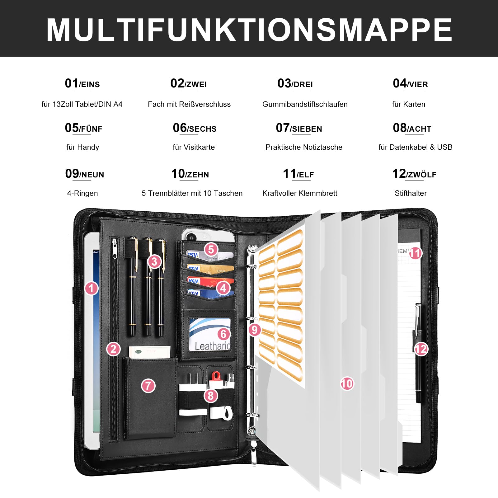Leathario Schreibmappe A4 mit 5er Register DIN A4，Konferenzmappe mit 4 Ringbuch，Dokumentenmappe mit Reißverschluss，Griff，Klemmbrett,Ordner für Meeting, Business,Mappe für Schule, Uni Schwarz