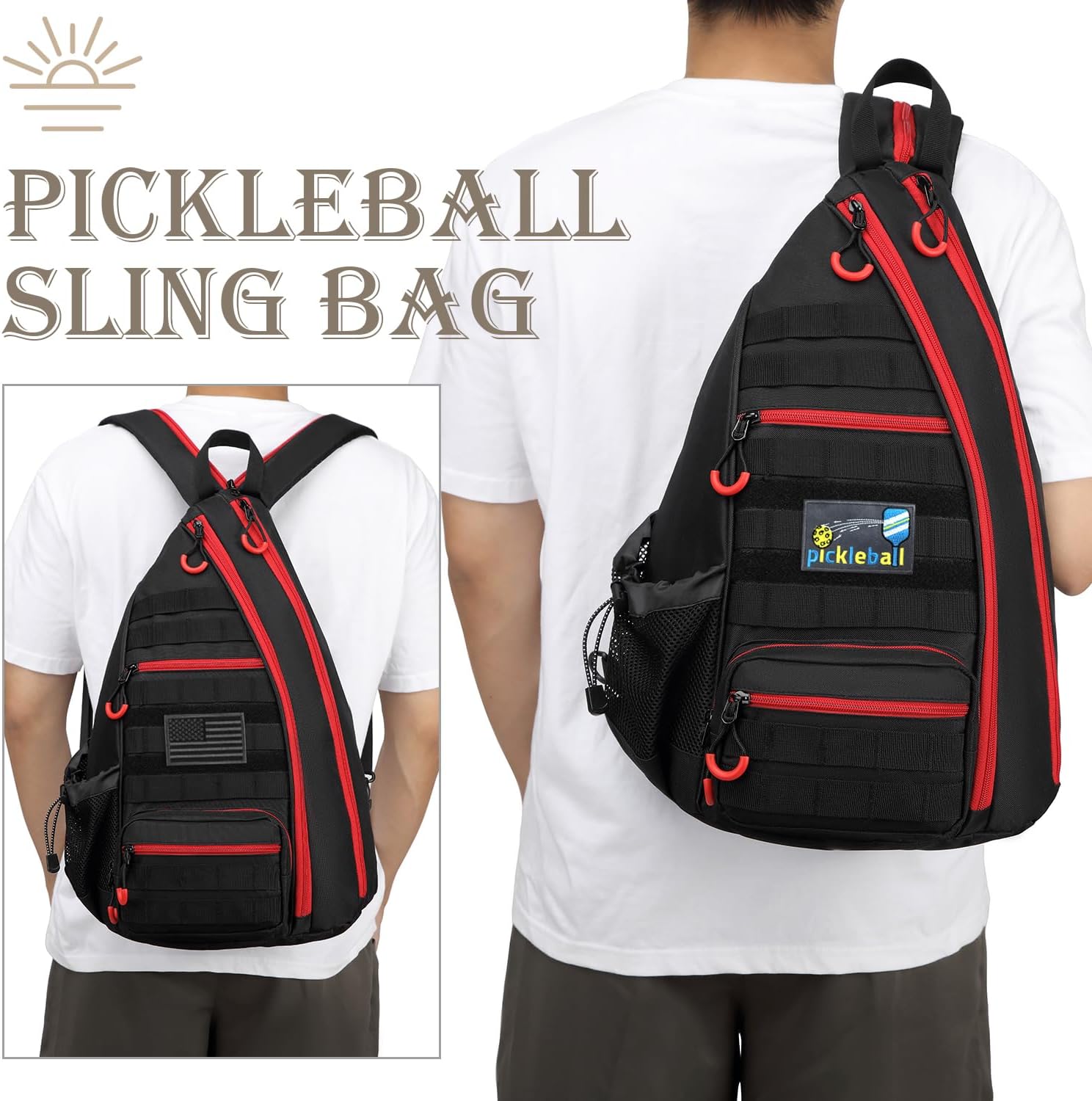 Pickleball Bag, Tactical Pickleball Backpack for Men Women | Adjustable Sling Bag with Fence Hook Water Bottle (Includes 2 Patches+1Carabiner)