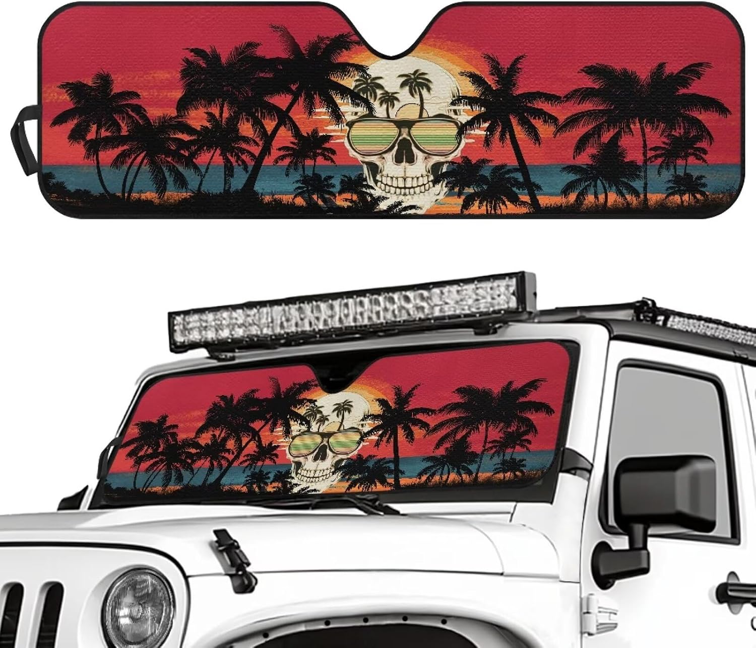 Tuoxiukan Tropical Palm Tree Skull Auto Sun Visor Heat Protection for 1997-2017 Jeep Wrangler Rubicon Sahara TJ JK JKU 2/4 Doors Front Windshield Sunshade 52x16 Universal Car Accessories