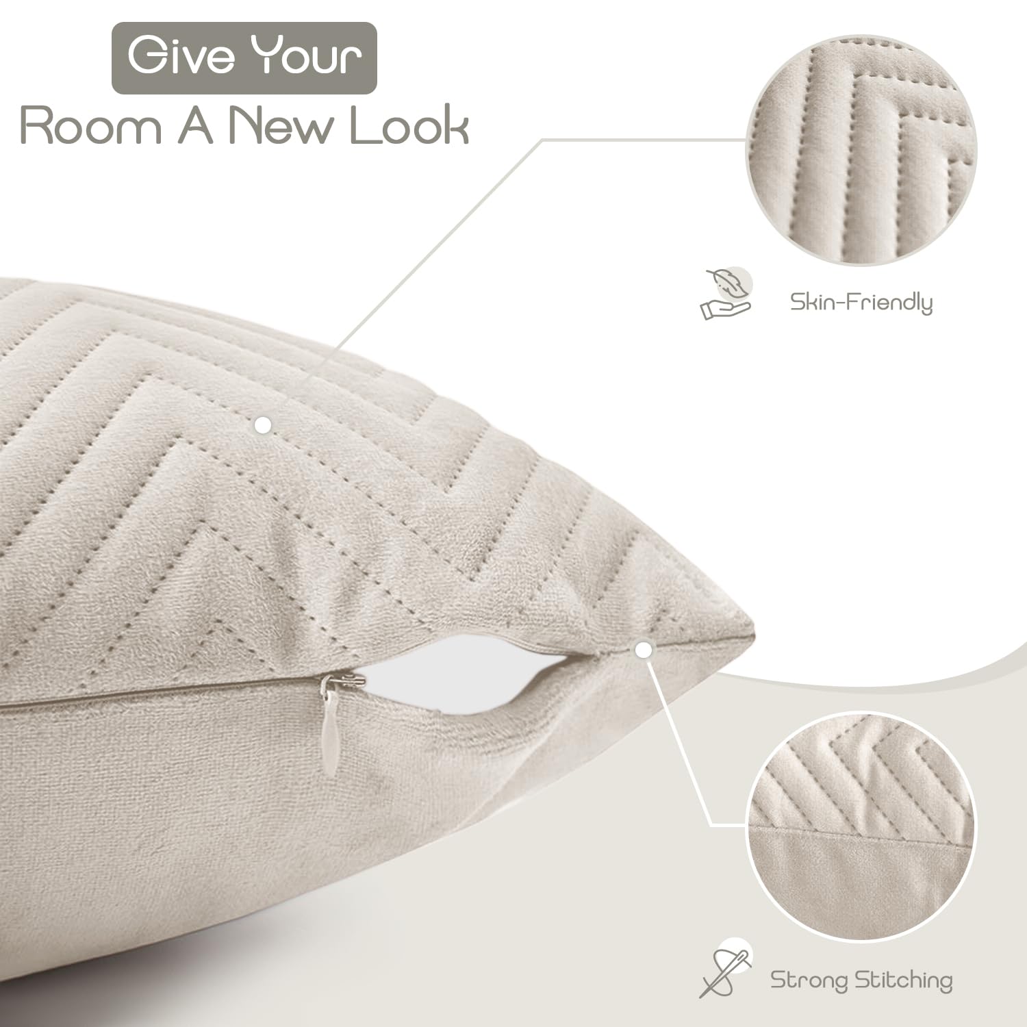 BedLooms Beige Velvet Cushion Covers 45 x 45 cm (Pack of 2) Unique Ultrasonic Cushion Cover Decorative Square Throw Pillow Case for Sofa Living Room Couch with Invisible Zipper (18 x 18 Inch) - Image 4