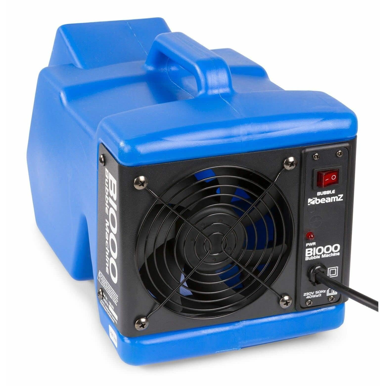 BeamZ B1000 Automatischer Seifenblasenmaschine mit Funk Fernbedienung und 5 Liter Seifenblasenflüssigkeit, Professional Seifenblasen Automat mit Ventilator, Leistungsstark 40W - Blau