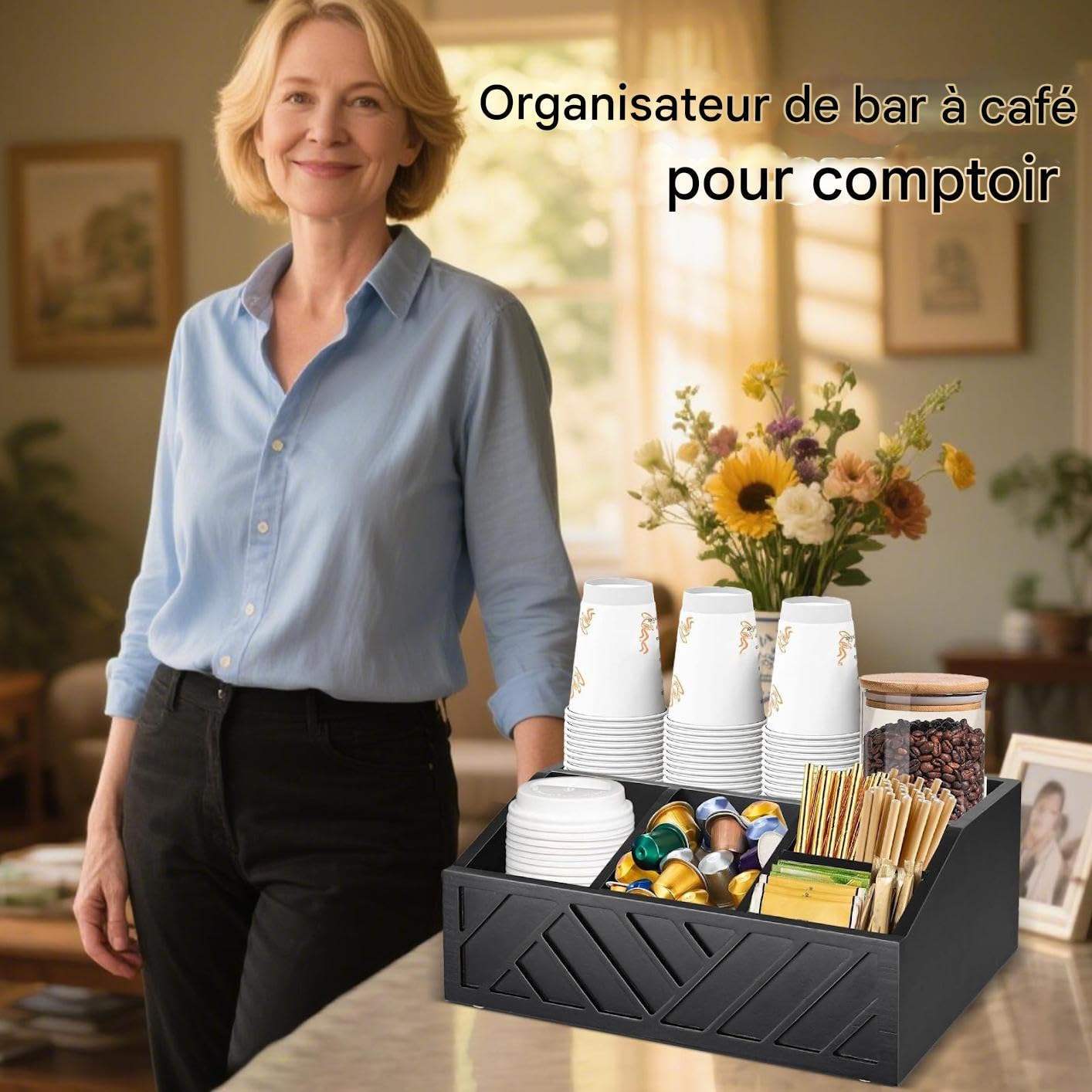 Générique Organisateur De Comptoir Pour Café | de Rangement en Bois pour Sirop,Boîte de Rangement Multifonction à Compartiments, Fournitures de Cuisine pour Maison