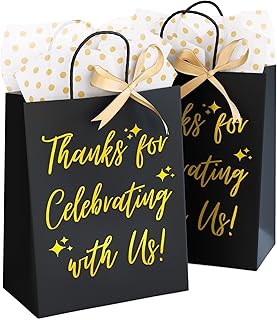 12 Pack Wedding Gift Bag with Tissue Paper - Gold Wedding Gift Bags for Hotel Guests, Welcome Bags for Wedding Guests Bulk, Wedding Gift Bags for Hotel Guests, Wedding Welcome Bags, Thank You Gift Bags Medium Size (8"L x 4.5"W x 10"H, Black)