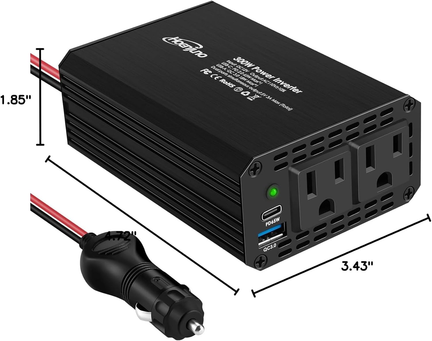 300W Car Power Inverter wirh PD 65W, DC 12V to 110V AC Car Adapter Plug Outlet with 18W USB QC 3.0 Charging Ports-Black