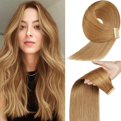 YDDM Tape in Hair Extensions, 18 Inch Honey Blonde 100% Remy Human Hair 20pcs Straight Seamless Invisible Tape in Hair Extensions Human Hair(27#, 18 Inch)