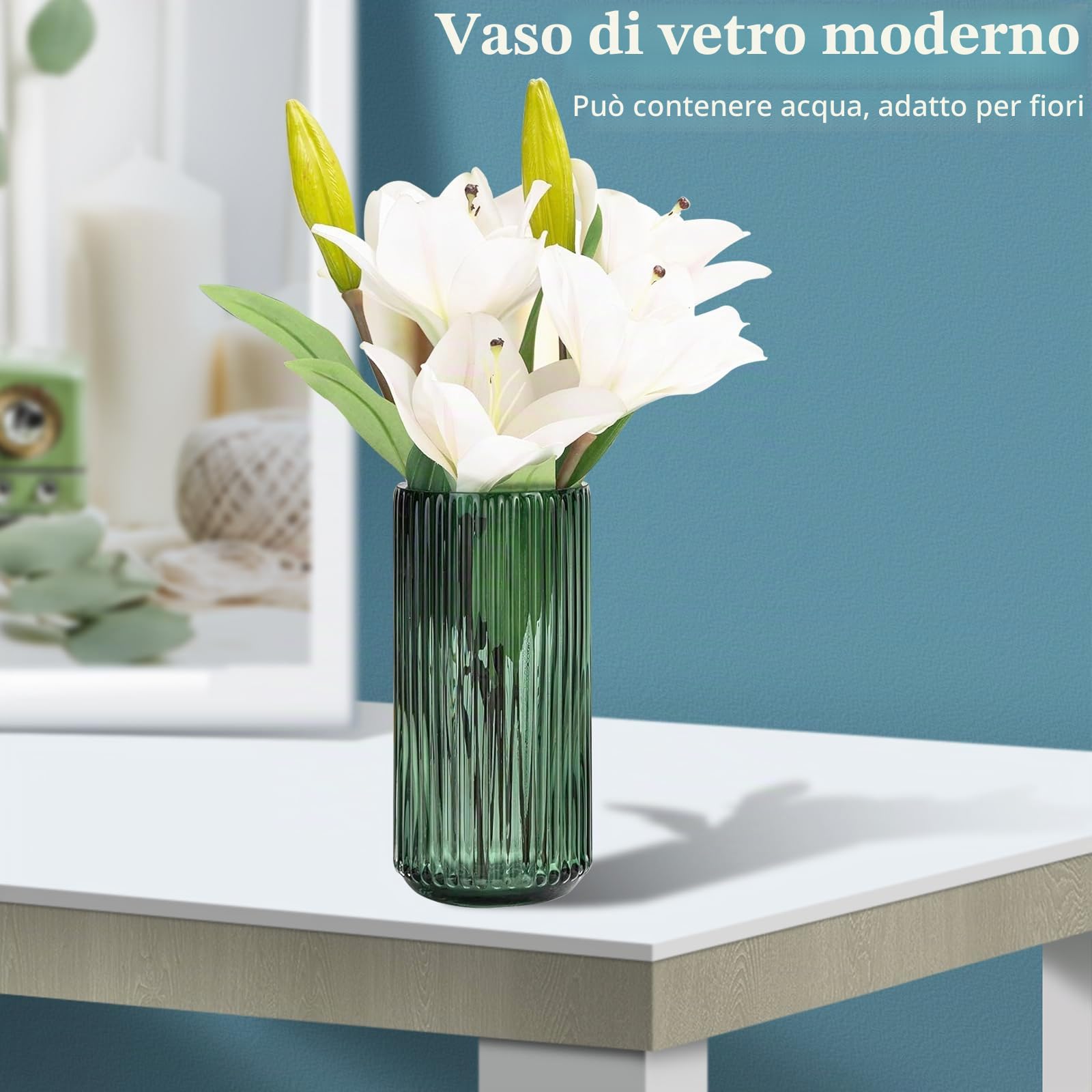 Vaso di vetro verde ispessito di alta qualità, vaso da fiori in vetro a coste per vasi rustici, vaso decorativo moderno per fiori, vasi per decorazione, ideale per mensole, soggiorno, tavolo