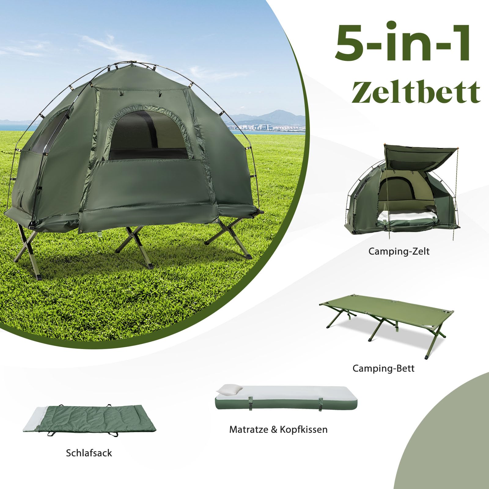 GYMAX Tienda de Campaña con Cama de Campo, Cama de Camping con Saco de Dormir, Colchón de Aire y Almohada, Tienda de Campaña con Protección Solar y Bolsa de Transporte