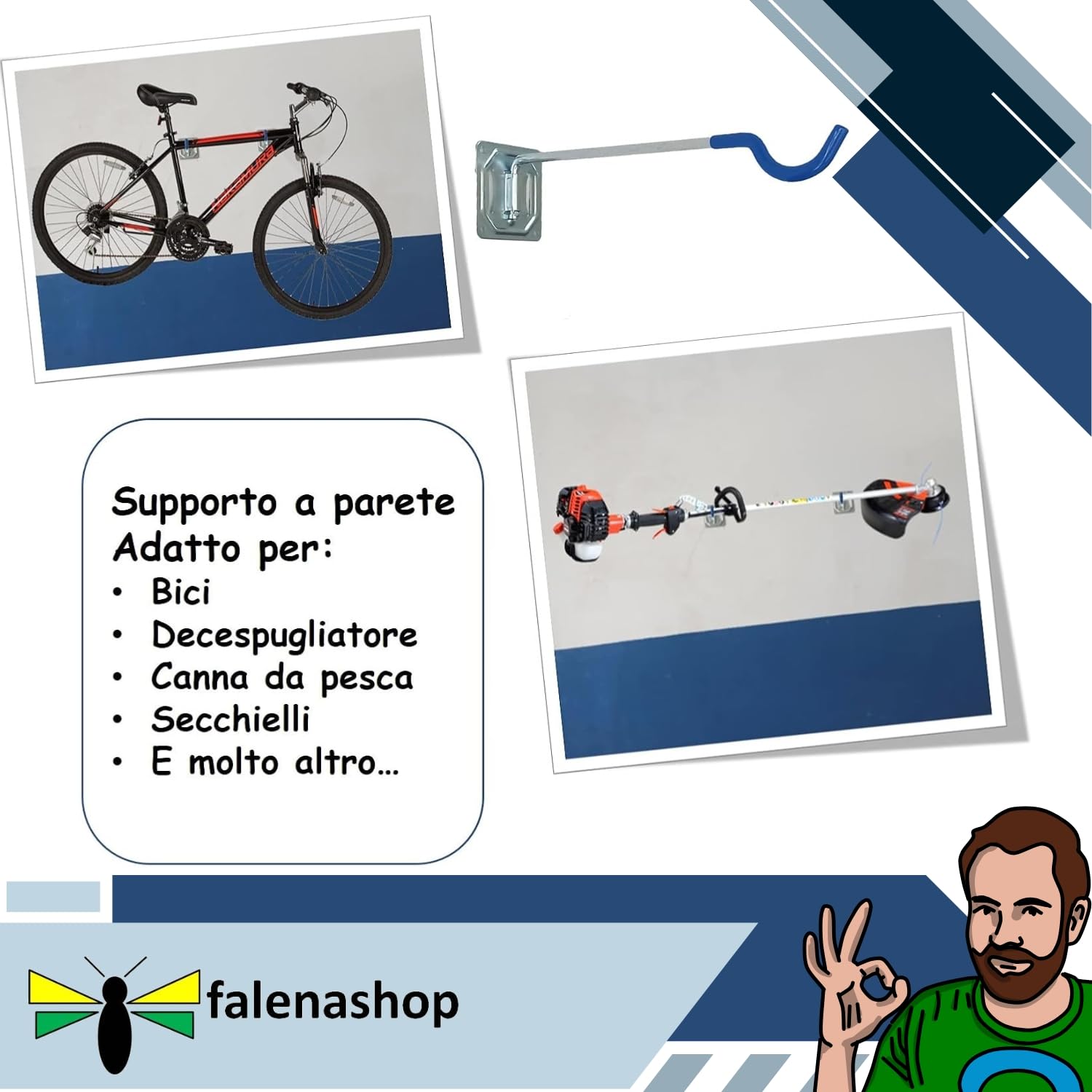 Parpyon® Porta biciclette da muro 2 gancio bici muro, porta bici, porta attrezzi da parete, porta biciclette da terra portabici da tetto vari modelli (Parete Lungo)