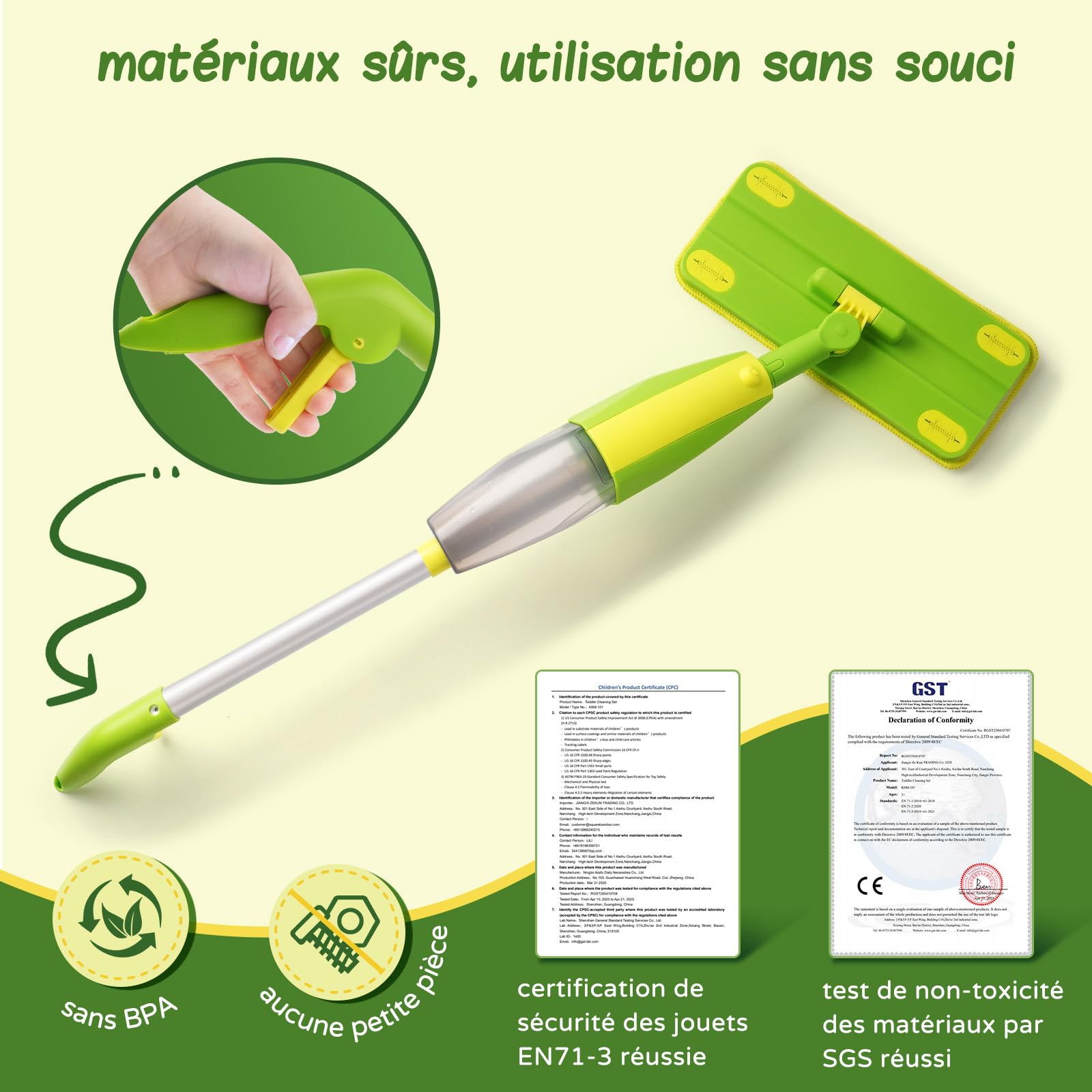 Balais Serpillère Jouet avec Vaporisateur Pour Enfants - Nettoyage Montessori avec Fonction de Pulvérisation Réelle et 2 Tampons Lavables I Kit Menage Enfant, Jouets d'imitation pour Enfants dès 3 Ans