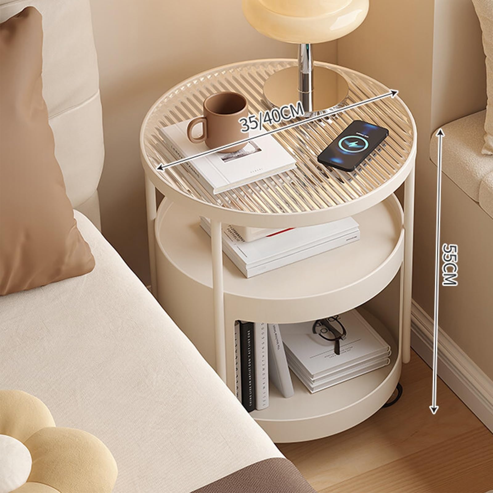 Mesita de Noche Carro de mesita Noche con Cuatro Ruedas, Estructura metálica, Tapa Vidrio for Almacenamiento en Dormitorio Mesas auxiliares(Negro,Pequeño)