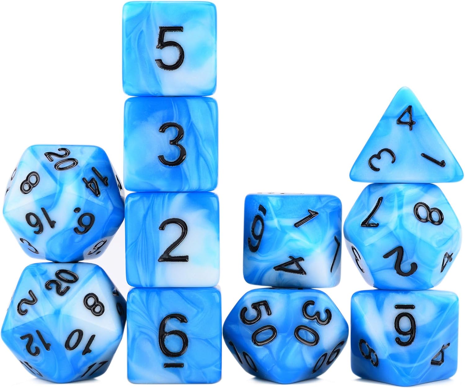 Polyhedral Dice 11 Piece RPG Set Azure White Swirl with Drawstring Bag for Dungeons and Dragons 5e RPG Tabletop Games