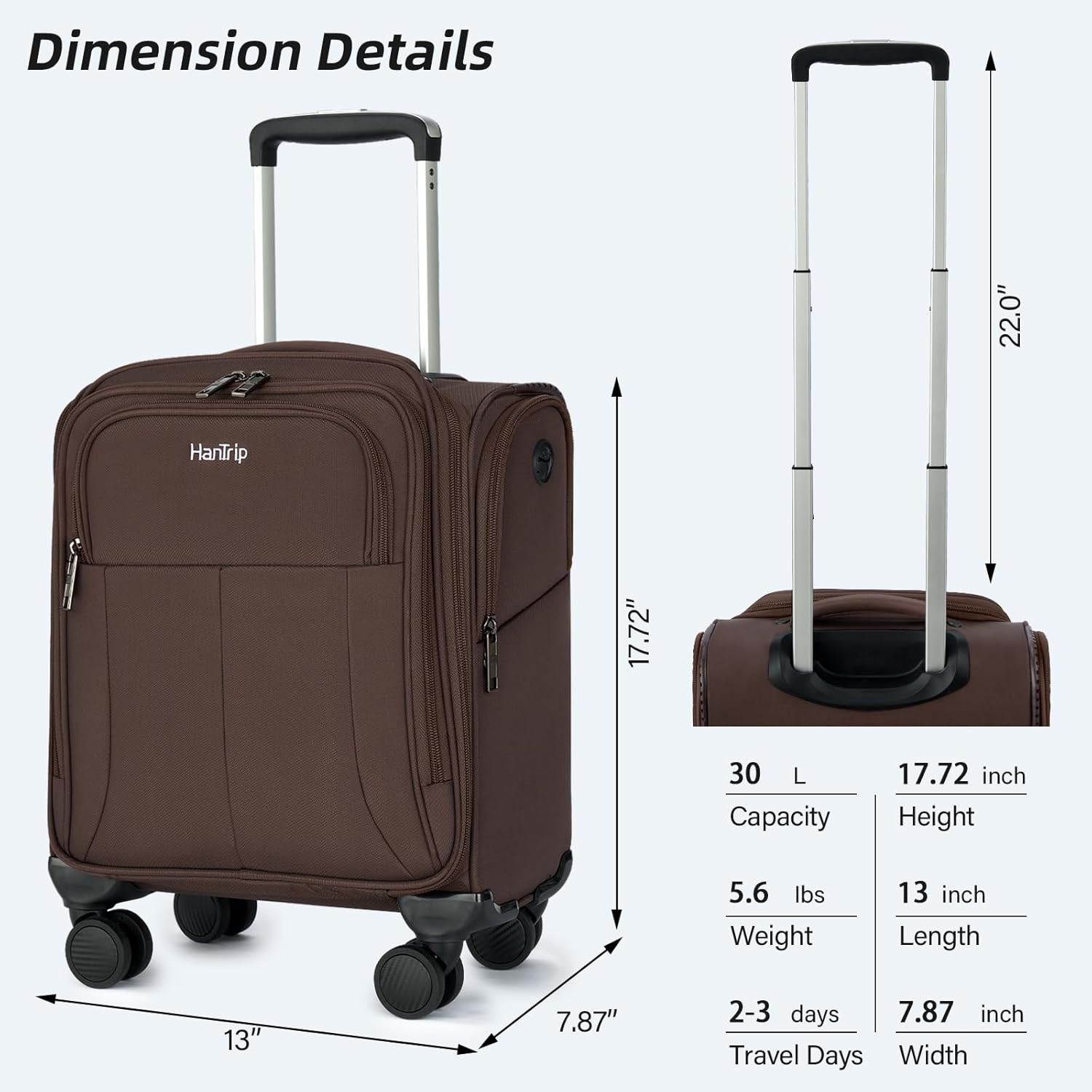 16 Inch Underseat Carry On Luggage with Wheels Softside Small Suitcases Personal Item Bag with Pocket Travel Luggage for Men Women Business Overnight Bag(Coffee) - Image 3