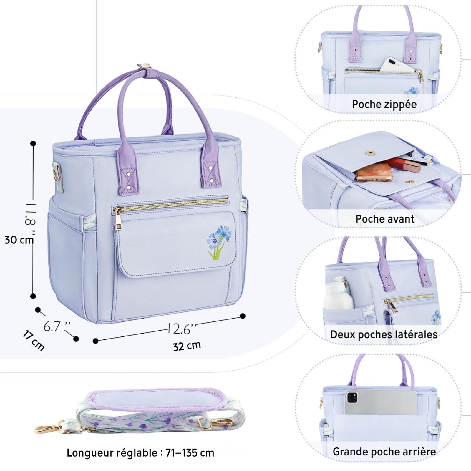 Hihealer Sac Repas Isotherme Femme avec Motif Floral Unique - Grand Sac Étanche à Plusieurs Poches avec Bandoulière Amovible pour Travail/Pique-Nique/Cadeau Femme
