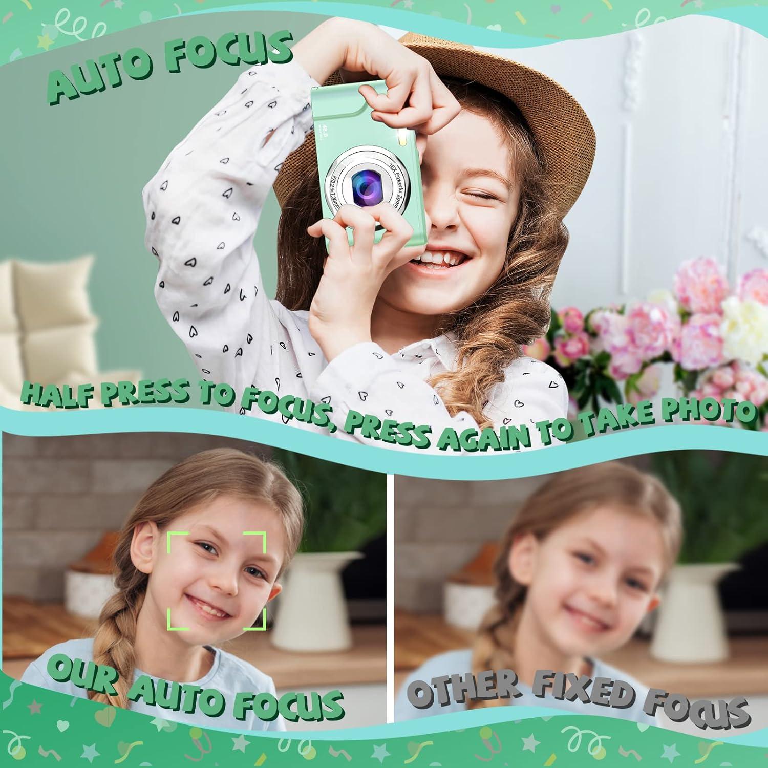 Bofypoo, fotocamera digitale, fotocamera autofocus 32G, scheda FHD 1080P, 48 MP, con zoom digitale 16x, fotocamera compatta, mini fotocamera portatile per adolescenti, studenti, principianti (verde) Bofypoo, fotocamera digitale, fotocamera autofocus 32G, scheda FHD 1080P, 48 MP, con zoom digitale 16x, fotocamera compatta, mini fotocamera portatile per adolescenti, studenti, principianti (verde)