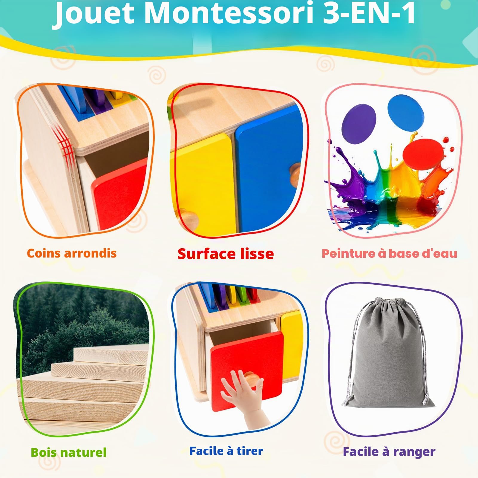 Jeux Montessori 1 2 3 Ans, 3 en 1 Jouet Enfant Bébé 1 2 3 Ans Jeu Educatif en Bois Tiroir Apprendre Les Couleurs Forme, Jouet Montessori Cadeau Fille Garçon 12 3 Ans Anniversaire Pâques Noël