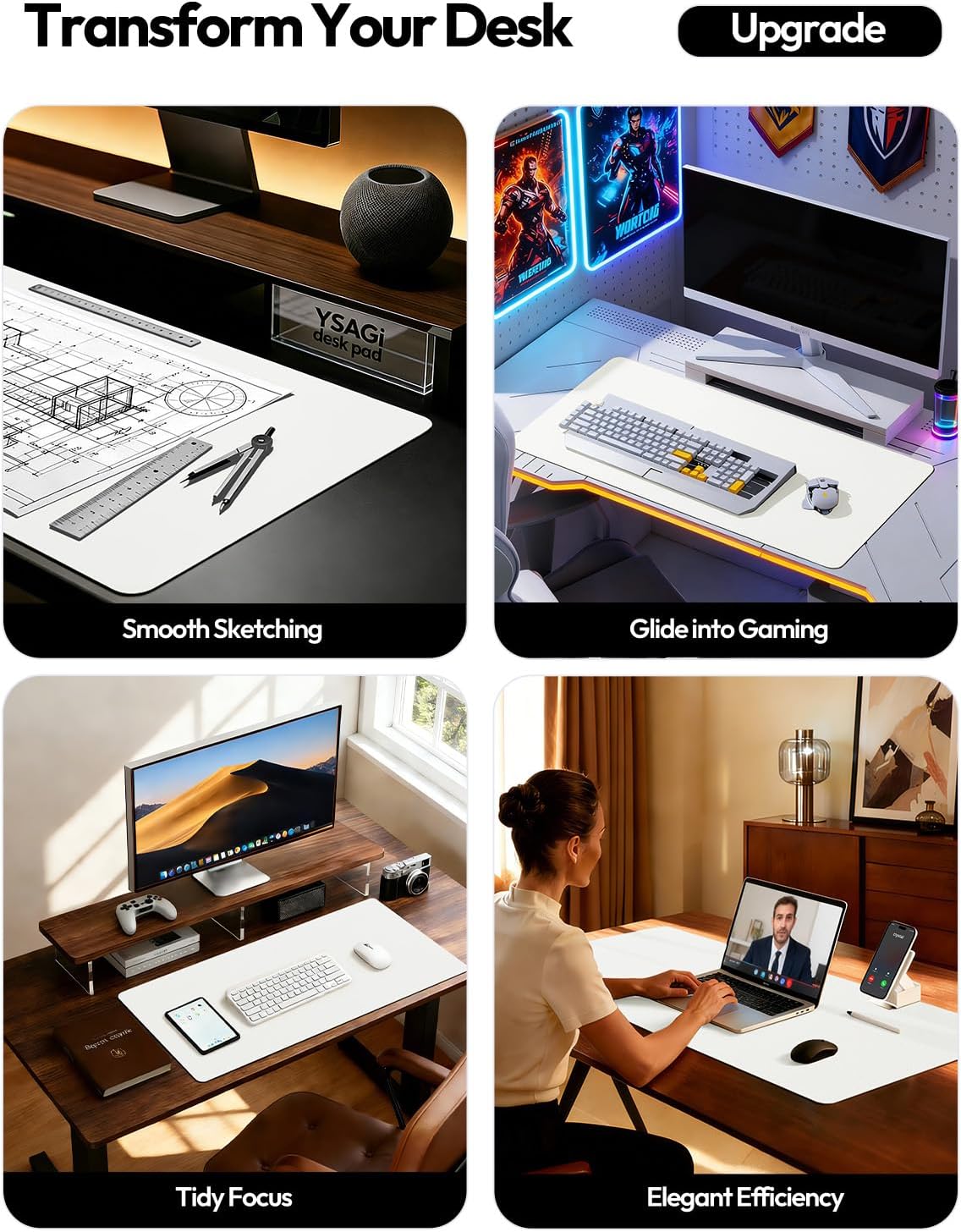 YSAGi Leather Desk Protector, Office Mat, Large Mouse Mat, Non-Slip PU Leather Blotter, Laptop Desk, Waterproof Writing Pad for Office and Home (White, 31.5" x 15.8") - Image 2