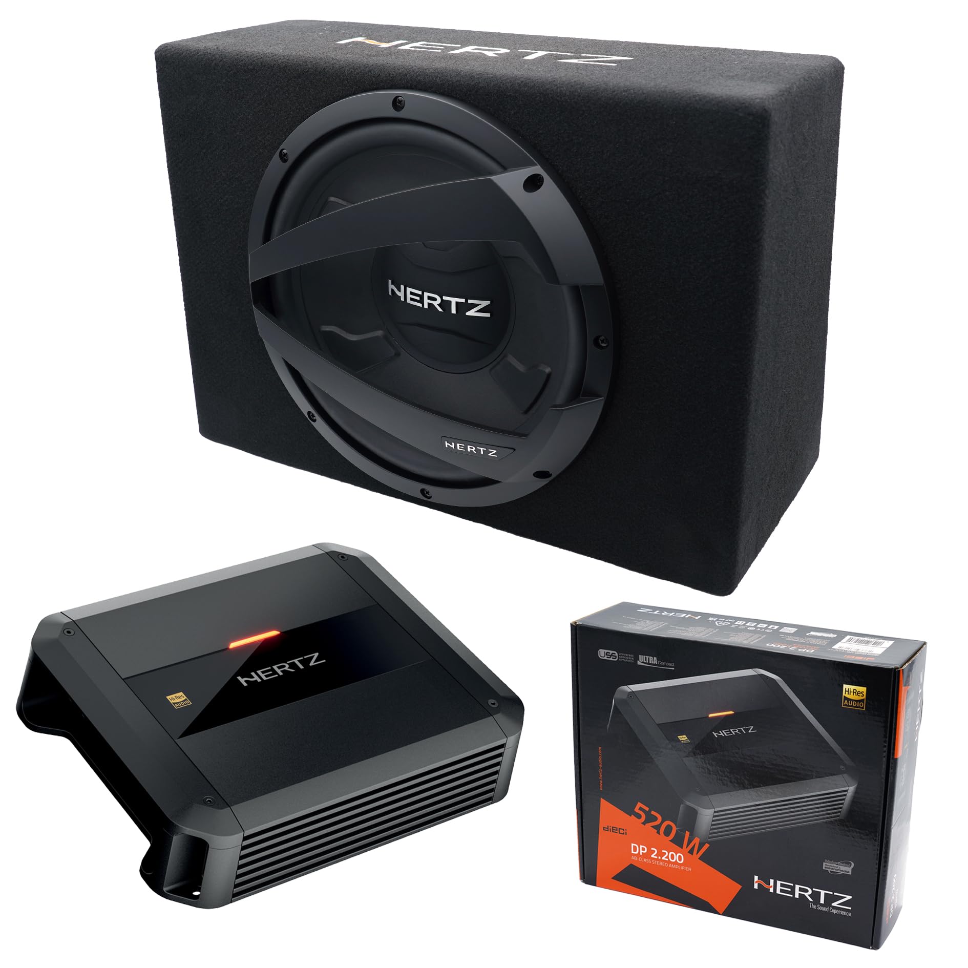 Hertz Bundle DBX 30.3 + DP 2.200 – Sistema Subwoofer Auto 30 cm in Box Reflex + Amplificatore 2 Canali Classe AB, 4 Ohm, Bassi Potenti e Dinamici