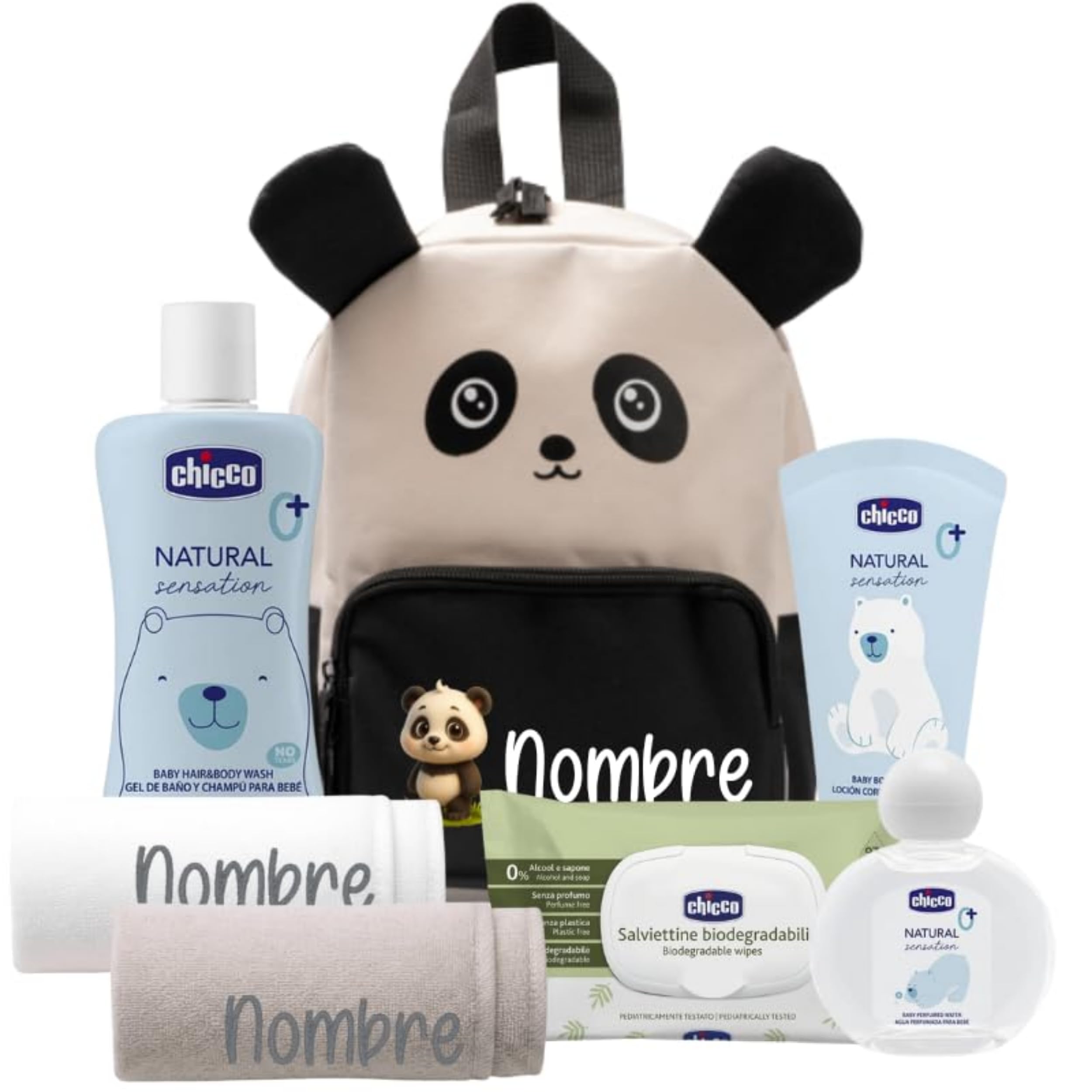 Set Guardería Bebé Personalizado con Mochila, Toallas Bordadas y Set de Higiene, Regalo para Bebé con Diseño de Animalitos (Panda)