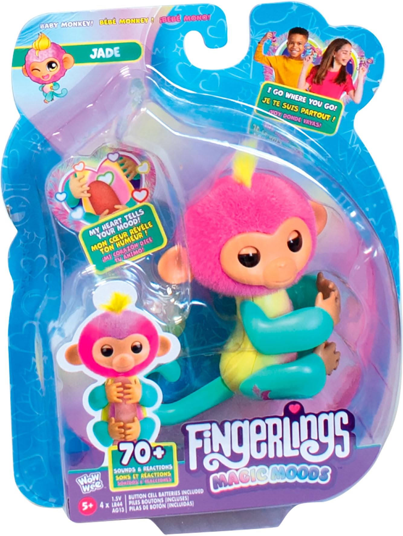 Lansay - Fingerlings – Magic Moods Jade – zawieszka Klara na palcach – jego serce świeci w zależności od nastroju – komunikuje się z 70 tonami i reakcjami – baterie w zestawie – interaktywny