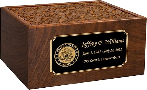 Urna de cremación de madera compuesta de tamaño mediano con temática del ejército, capacidad de 145 pulgadas cúbicas para una persona que pesa hasta